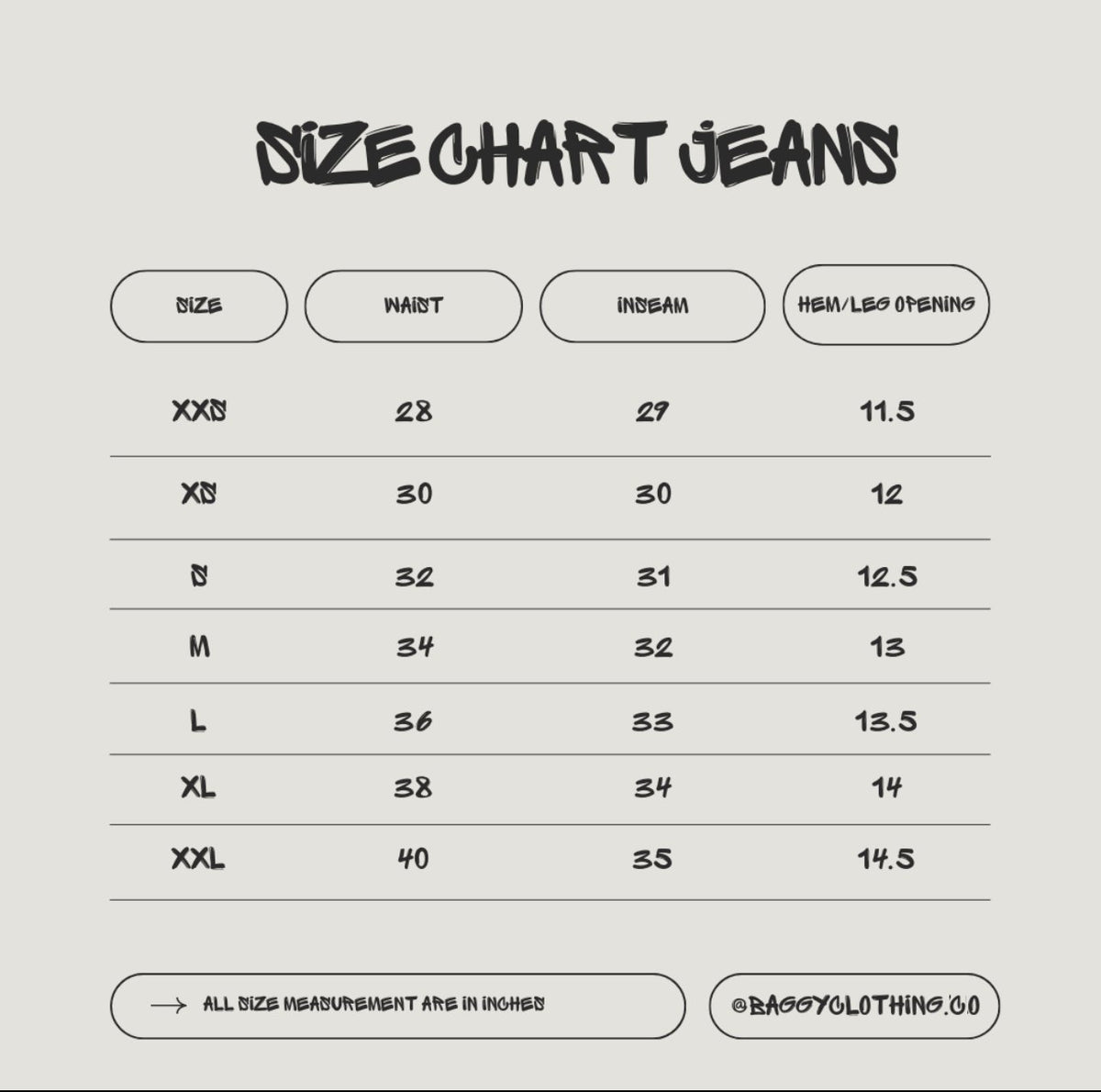 Blue Worn-Wash Bootcut Jeans size chart - measurements in inches